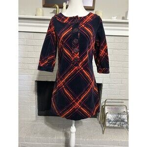 GO International Dress Womens Med Navy Orange Purple Plaid Corduroy 70’s Retro